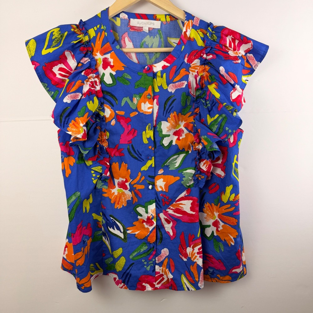 Sugarlips Womens Large Blue Floral Ruffle Flutter Sleeve Button Front Blouse